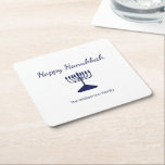 Happy Hanukkah Simple Menorah  Square Paper Coaster<br><div class="desc">Simple Happy Hanukkah Holiday party paper coaster,  with a blue menorah and script typography design. With blue customizable lettering,  you can add your own information. A festive decor item to celebrate with friends and loved ones.</div>