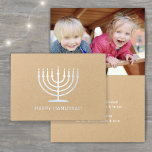 Happy Hanukkah Simple Modern Menorah One Photo Foil Card<br><div class="desc">Wish family and friends the simple gifts of light and love for Hanukkah with an elegant custom photo folded card. All text on this template (including "Happy Hanukkah" on front) is simple to customize with any wording. The natural kraft, white and silver foil design features modern minimalist typography, a menorah...</div>