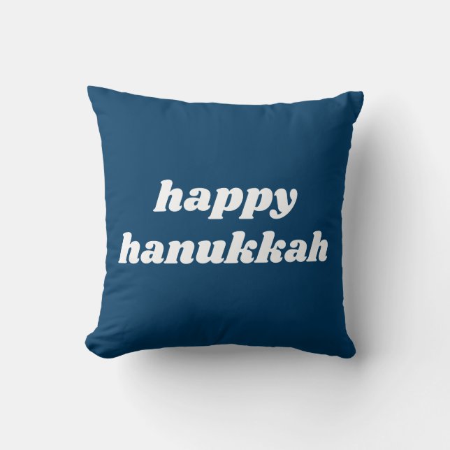 Happy Hanukkah Simple Retro Typography Blue Throw Pillow (Front)