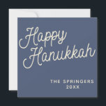 Happy Hanukkah | Simple Retro Typography in Blue Holiday Card<br><div class="desc">Simple Happy Hanukkah greeting written in a fun retro lettering script style on a dark blue background,  personalized with your name.</div>