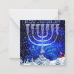 Happy Hanukkah Snow & Menorah Card<br><div class="desc">Happy Hanukkah in Hebrew,  Snow scenery,  Silver Menorah,  Reverse-side English Happy Hanukkah, </div>
