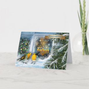 Happy Hanukkah. Snow Window Scene with Menorah Holiday Card