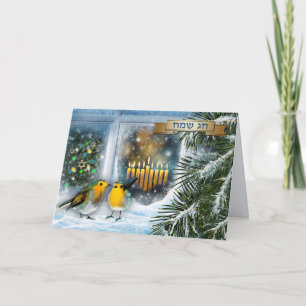 Happy Hanukkah. Snow Window Scene with Menorah  Holiday Card