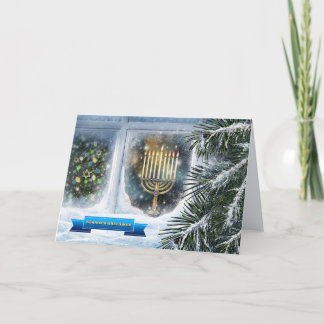 Happy Hanukkah. Snow Window Scene with Menorah  Holiday Card