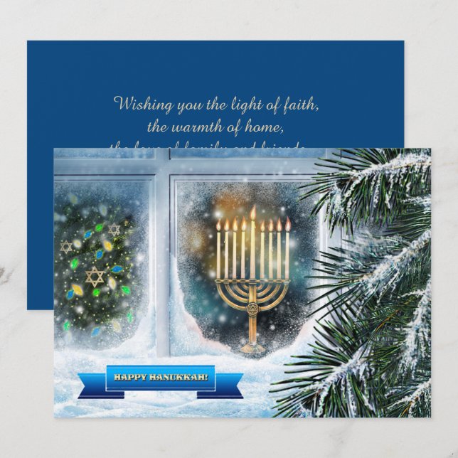 Happy Hanukkah. Snow Window Scene with Menorah Holiday Card (Front/Back)