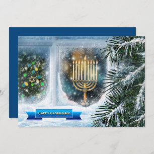 Happy Hanukkah. Snow Window Scene with Menorah Holiday Card