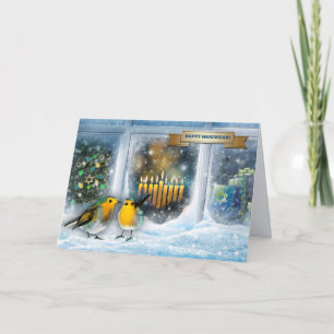 Happy Hanukkah. Snow Window Scene with Menorah  Holiday Card