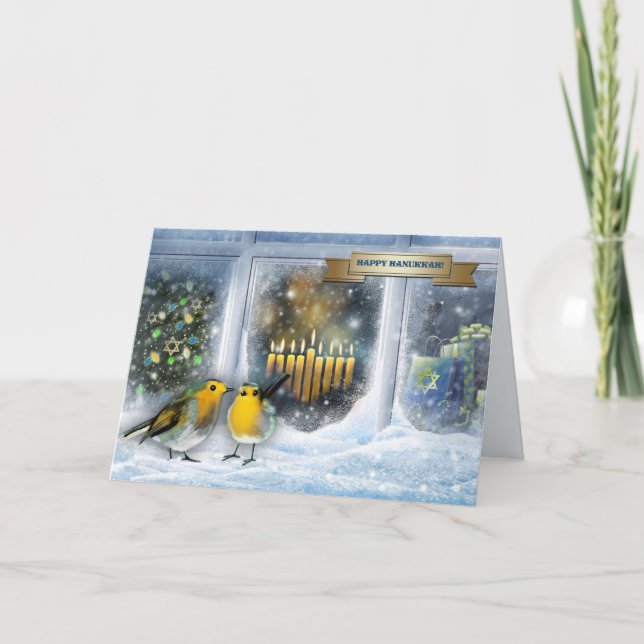 Happy Hanukkah. Snow Window Scene with Menorah  Holiday Card (Front)
