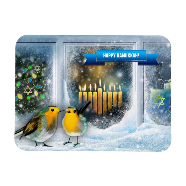 Happy Hanukkah. Snow Window Scene with Menorah Magnet (Horizontal)