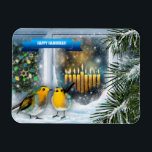 Happy Hanukkah. Snow Window Scene with Menorah Magnet<br><div class="desc">Happy Hanukkah. Snow Window Scene with Birds and Menorah Painting Gift Magnets. Matching cards and gifts available in the Jewish Holidays / Hanukkah Category of our store.</div>