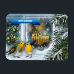Happy Hanukkah. Snow Window Scene with Menorah Magnet<br><div class="desc">Happy Hanukkah. Snow Window Scene with Birds and Menorah Painting Gift Magnets. Matching cards and gifts available in the Jewish Holidays / Hanukkah Category of our store.</div>