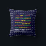 HAPPY HANUKKAH | Spiritual Fruit | BLUE Throw Pillow<br><div class="desc">Colourful festive pillow with faux silver Star of David in subtle background pattern. FRUIT OF THE SPIRIT including Hebrew translations are written in red,  yellow and green. HAPPY HANUKKAH is customizable if you want to add your name. Part of the HANUKKAH Collection.</div>