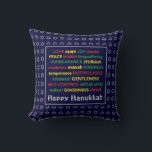 HAPPY HANUKKAH | Spiritual Fruit | BLUE Throw Pillow<br><div class="desc">Colourful festive pillow with faux silver Star of David in subtle background pattern. FRUIT OF THE SPIRIT including Hebrew translations are written in red,  yellow and green. HAPPY HANUKKAH is customizable if you want to add your name. Part of the HANUKKAH Collection.</div>