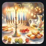 Happy Hanukkah Square Sticker<br><div class="desc">Hanukkah watercolor illustration. A beautifully arranged table set for a festive celebration,  featuring a traditional menorah with lit candles. Soft,  warm light,  while holiday decorations add a touch of cheer. Warm lights creating a cozy,  inviting atmosphere.</div>