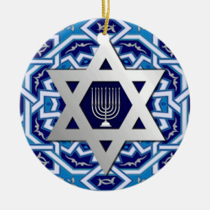 Happy Hanukkah! Star of David and Menorah Design Ceramic Ornament