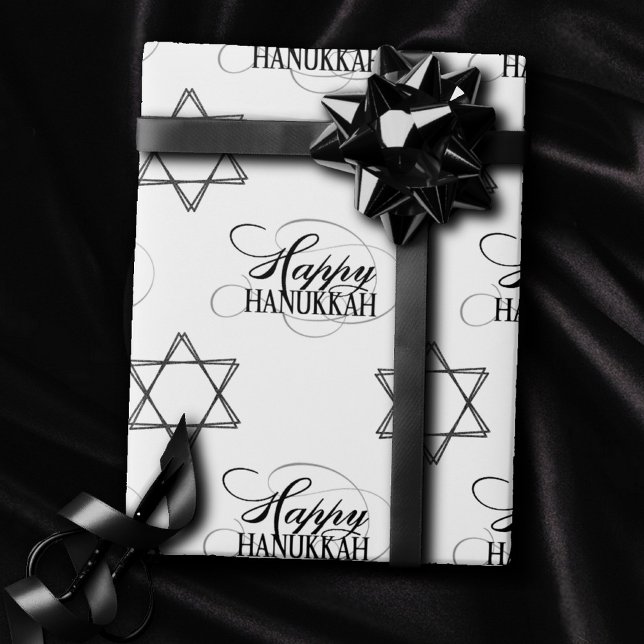 Happy Hanukkah Star of David Classic Black White Wrapping Paper (Creator Uploaded)