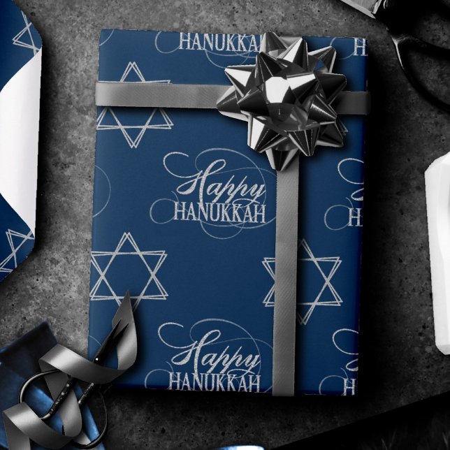 Happy Hanukkah Star of David Classic Silver Navy Wrapping Paper (Creator Uploaded)