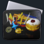 Happy Hanukkah, Star of David coin, menorah colorf Laptop Sleeve<br><div class="desc">Happy Hanukkah,  Star of David coin,  menorah colourful candles,  dreidels traditional spinning tops,  SlipperyJoe artistic Celebration,  Jewish sufganiyah treat,  Hebrew,  Chanukah,  gifts decorations Judaism religion,  jelly-filled doughnut powdered sugar</div>