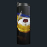 Happy Hanukkah, Star of David coin, menorah colorf Thermal Tumbler<br><div class="desc">Happy Hanukkah, Star of David coin, menorah colourful candles, dreidels traditional spinning tops, SlipperyJoe artistic Celebration, Jewish sufganiyah treat, Hebrew, Chanukah, gifts decorations Judaism religion, jelly-filled doughnut powdered sugar</div>