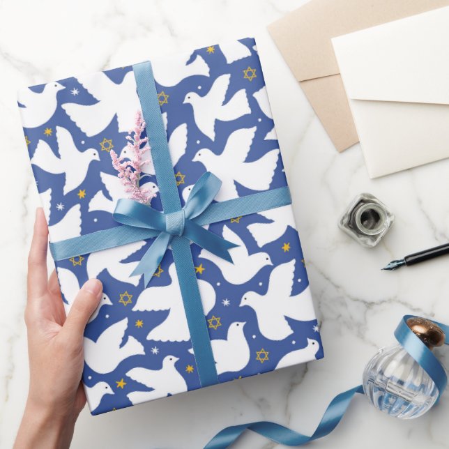 Happy Hanukkah Star of David Dove White Blue Wrapping Paper (Gifting)