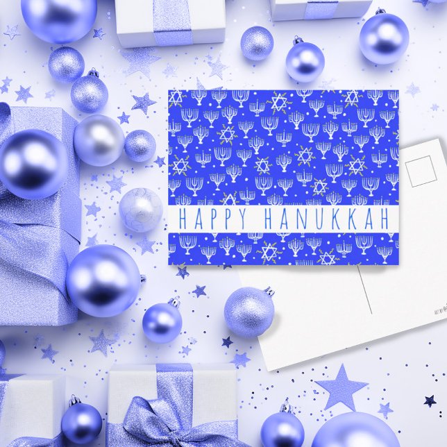 Happy Hanukkah Star of David Menorah Blue CUSTOM Postcard (Cute Happy Hannukkah postcard in blue with menorahs and stars. Customize with your own text)