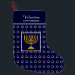 HAPPY HANUKKAH Star of David Menorah DARK BLUE Small Christmas Stocking<br><div class="desc">Dark blue HAPPY HANUKKAH stocking with silver coloured Star of David pattern and gold coloured menorah in the centre. The placeholder text is customizable so you can add your name or change the greeting. Same design on the reverse. Ideal way to present your small Hanukkah gifts. Also ideal for those...</div>