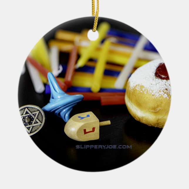Happy Hanukkah Star of David menorah Dreidel Slipp Ceramic Ornament (Front)