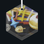 Happy Hanukkah Star of David menorah Dreidel Slipp Glass Ornament<br><div class="desc">Happy Hanukkah Star of David menorah Dreidel SlipperyJoe's artistic Celebration Candles Jewish Hebrew Chanukah gifts decorations Judaism religion</div>