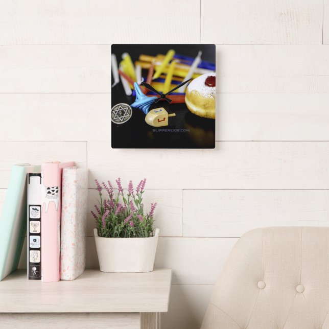 Happy Hanukkah Star of David menorah Dreidel Slipp Square Wall Clock (Reading Room)