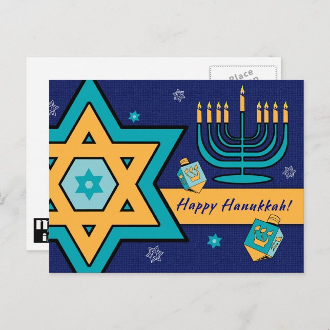 Happy Hanukkah. Star of David, Menorah, Dreidels Holiday Postcard (Front/Back)
