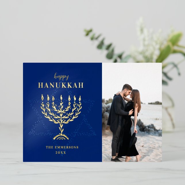 Happy Hanukkah Star of David Menorah Foil Holiday Card (Standing Front)