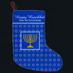 HAPPY HANUKKAH Star of David Menorah LIGHT BLUE Small Christmas Stocking<br><div class="desc">Light blue HAPPY HANUKKAH stocking with silver coloured Star of David pattern and gold coloured menorah in the centre. The placeholder text is customizable so you can add your name or change the greeting. Same design on the reverse. Ideal way to present your small Hanukkah gifts. Also ideal for those...</div>