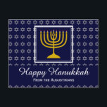 HAPPY HANUKKAH Star of David Menorah Personalized Holiday Postcard<br><div class="desc">Stylish greeting postcard to celebrate HANUKKAH. Dark blue background with silver Star of David and white typography. Placeholder text on front and reverse greeting are customizable,  so you can add your name and change the message. Part of the FESTIVE STARS Collection by Berean Designs.</div>