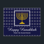 HAPPY HANUKKAH Star of David Menorah Personalized Holiday Postcard<br><div class="desc">Stylish greeting postcard to celebrate HANUKKAH. Dark blue background with silver Star of David and white typography. Placeholder text on front and reverse greeting are customizable,  so you can add your name and change the message. Part of the FESTIVE STARS Collection by Berean Designs.</div>