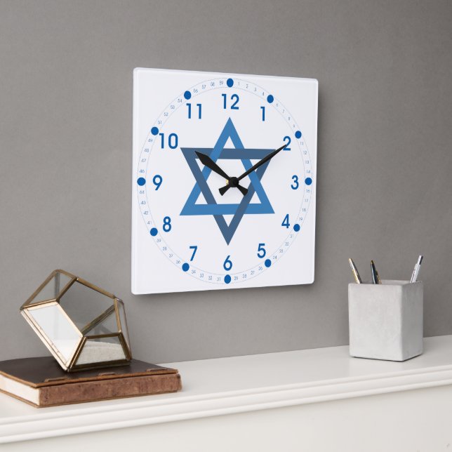 Happy Hanukkah Star of David White Blue Square Wall Clock (Office)