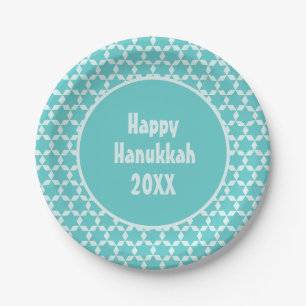 Happy Hanukkah Star Tiles Turquoise Paper Plate