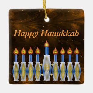 Happy Hanukkah Stylized Menorah Nebulous Sky Ceramic Ornament
