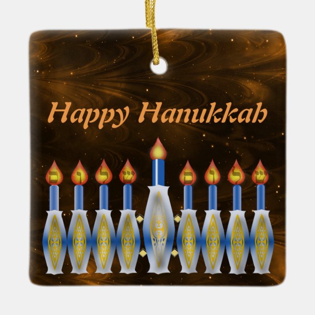 Happy Hanukkah Stylized Menorah Nebulous Sky Ceramic Ornament (Front)