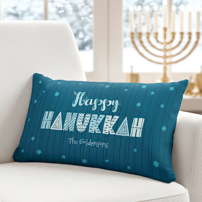 Happy Hanukkah Teal Whimsical Typography Modern Lumbar Pillow (Creator Uploaded)
