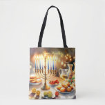 Happy Hanukkah Tote Bag<br><div class="desc">Hanukkah watercolor illustration. A beautifully arranged table set for a festive celebration,  featuring a traditional menorah with lit candles. Soft,  warm light,  while holiday decorations add a touch of cheer. Warm lights creating a cozy,  inviting atmosphere.</div>