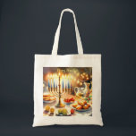 Happy Hanukkah Tote Bag<br><div class="desc">Hanukkah watercolor illustration. A beautifully arranged table set for a festive celebration,  featuring a traditional menorah with lit candles. Soft,  warm light,  while holiday decorations add a touch of cheer. Warm lights creating a cozy,  inviting atmosphere.</div>