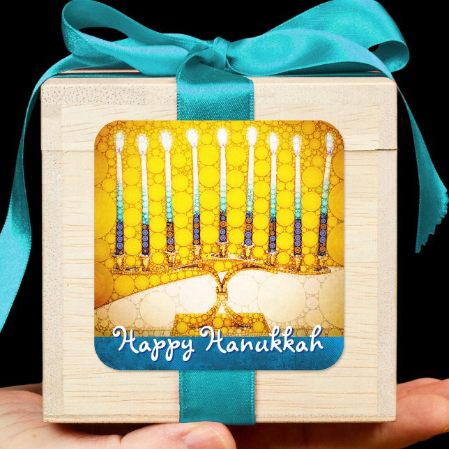 Happy Hanukkah Trendy Artsy Yellow Gold Menorah Square Sticker (Creator Uploaded)