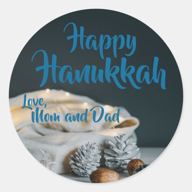 Happy Hanukkah twinkle lights white bag Classic Round Sticker (Front)