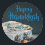 Happy Hanukkah twinkle lights white bag Classic Round Sticker<br><div class="desc">Happy Hanukkah twinkle lights white bag Classic Round Sticker - A white bag filled with white twinkle lights and a scattering of pine cones and acorns in front. Personalized sticker - A fun and easy way to add a little bit of extra personality to your envelopes, gift wrappings and more....</div>