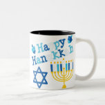 Happy Hanukkah Two-Tone Coffee Mug<br><div class="desc">Happy Hanukkah text with a menorah, Star of David and two dreidels. Shades of blue, white and yellow.</div>
