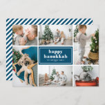 Happy Hanukkah Typography Blue Photo Collage Holiday Card<br><div class="desc">Happy Hanukkah! Send holiday wishes and greetings with this modern and stylish holiday photo card. It features retro bold typography with white and blue diagonal stripes pattern. Personalize by adding your favourite photos, greeting, names and other details. The texts are fully editable. Available as a flat card, folded card and...</div>