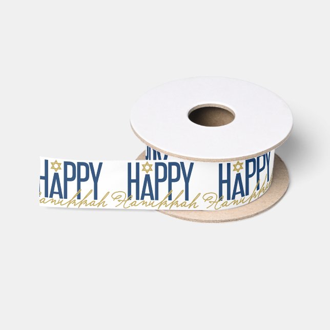 Happy Hanukkah Typography Star of David Holiday Satin Ribbon (Spool)