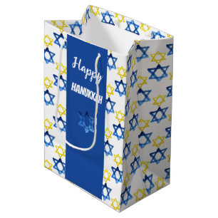 Happy Hanukkah Watercolor David Stars Medium Gift Bag