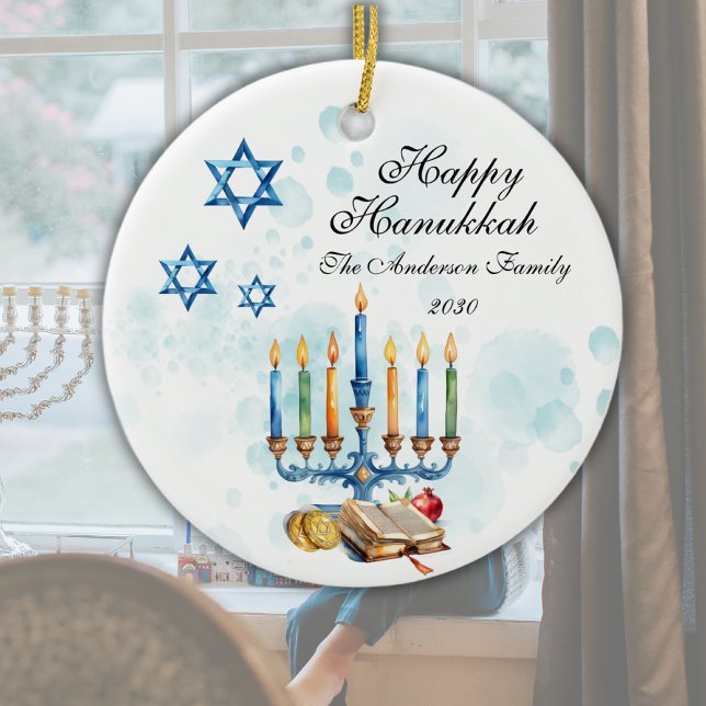 Happy Hanukkah Watercolor Family Photo  Ceramic Ornament (Creator Uploaded)