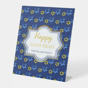 Happy Hanukkah Watercolor Stars Of David Pedestal Sign